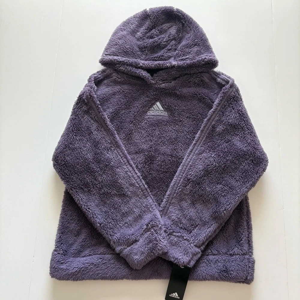 Adidas Girls 3-Stripes Sherpa Hoodie Pullover Large (14) NWT - Picture 1 of 2